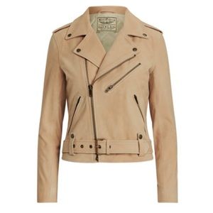 $998 Ralph Lauren Khaki Suede Leather Cropped Belt Motorcycle Racer Jacket